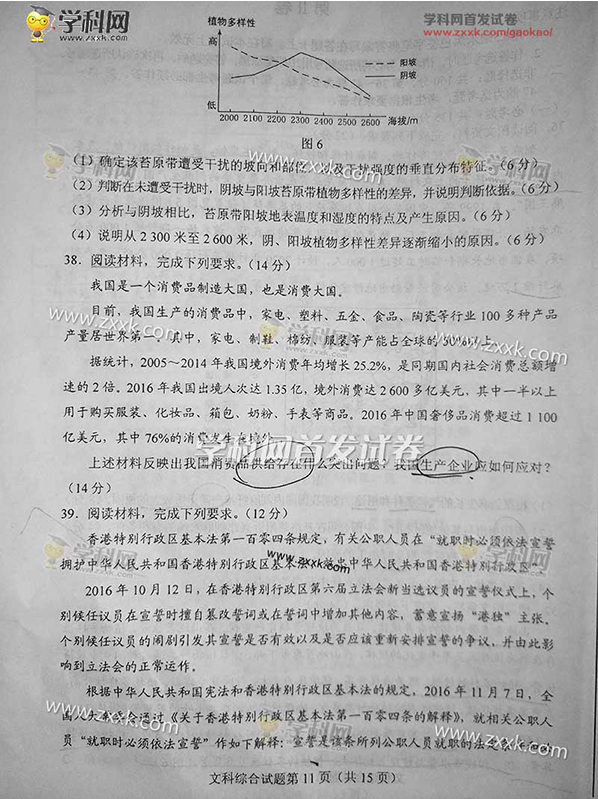 2017全国卷1高考文综试题答案