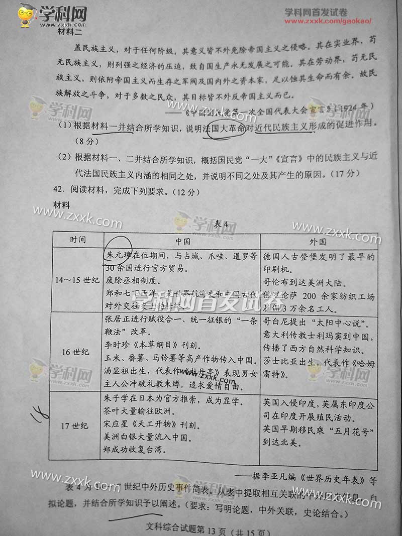 2017山东高考文综试题答案