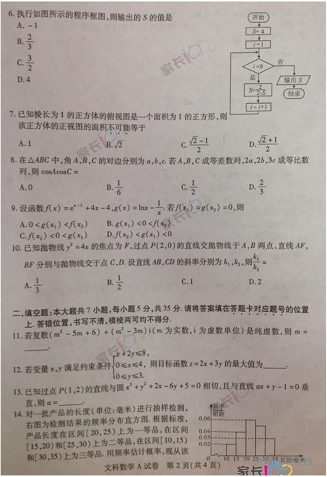 2014武汉四月调考文科数学试题及答案