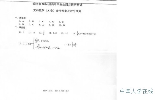 2014武汉四月调考文科数学试题及答案