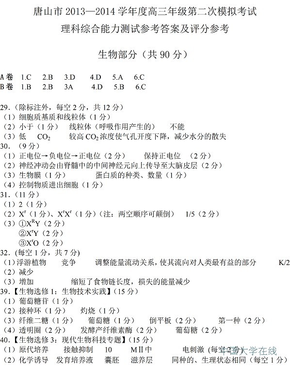 2014唐山二模理综试题及答案
