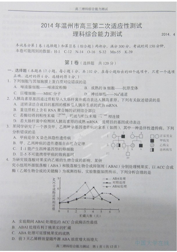 2014温州二模理综试题及答案