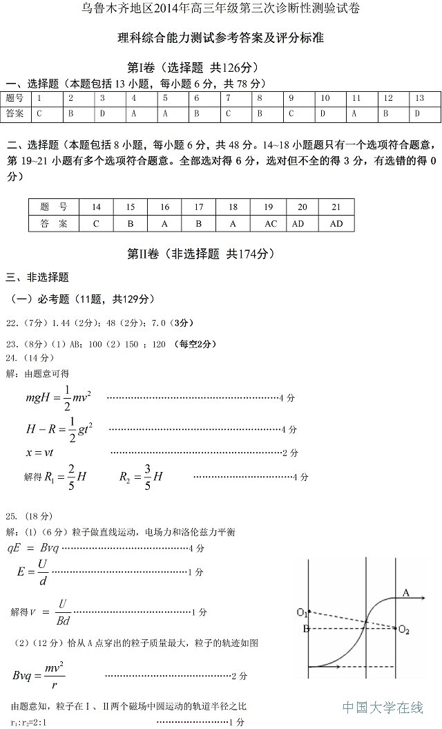 2014乌鲁木齐三模理综试题及答案