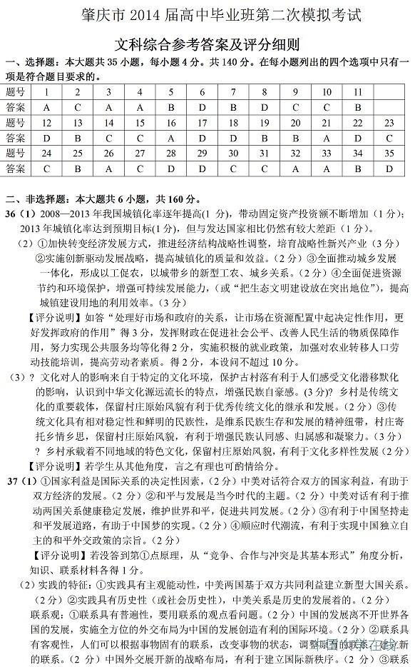 2014肇庆二模文综答案