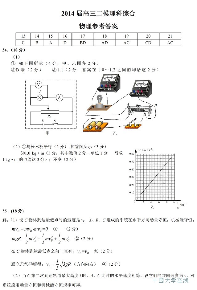 2014肇庆二模理综答案
