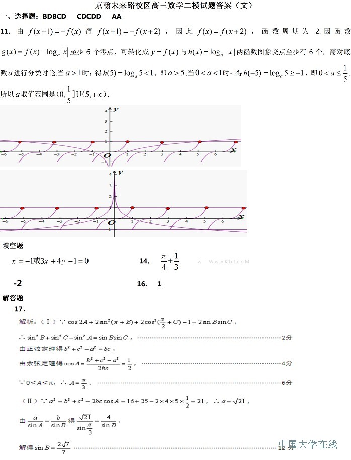 2014年全国高考二模数学文答案（新课标1）