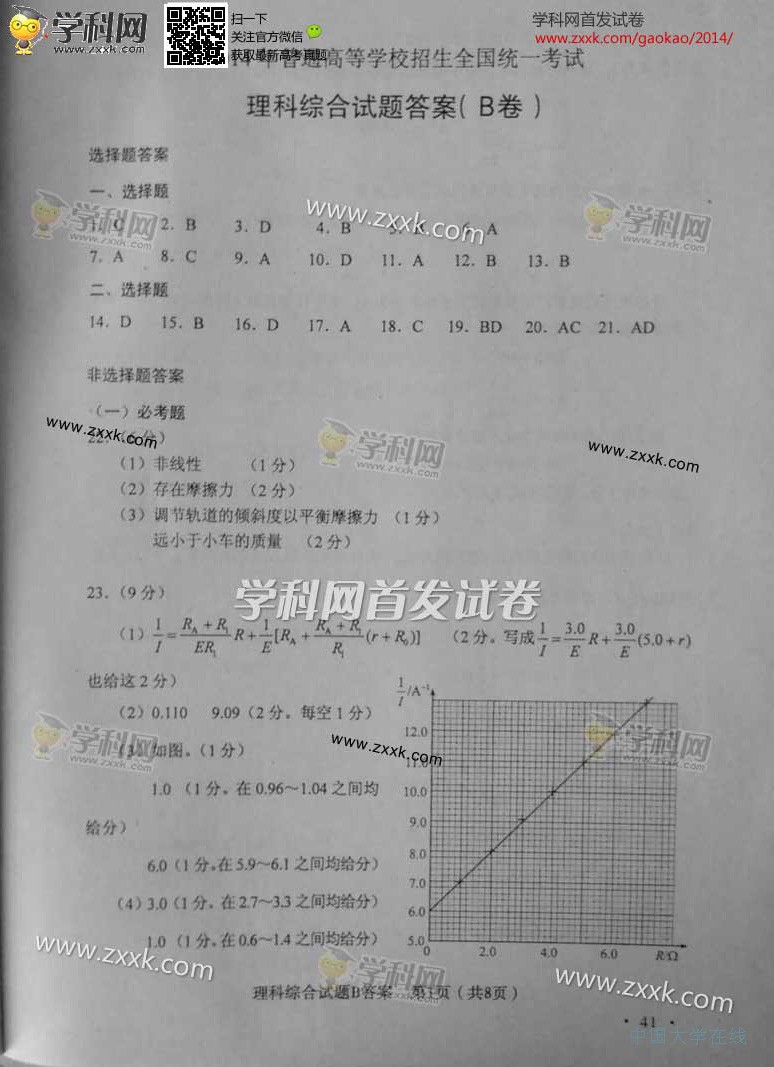 2014江西高考理综试题答案