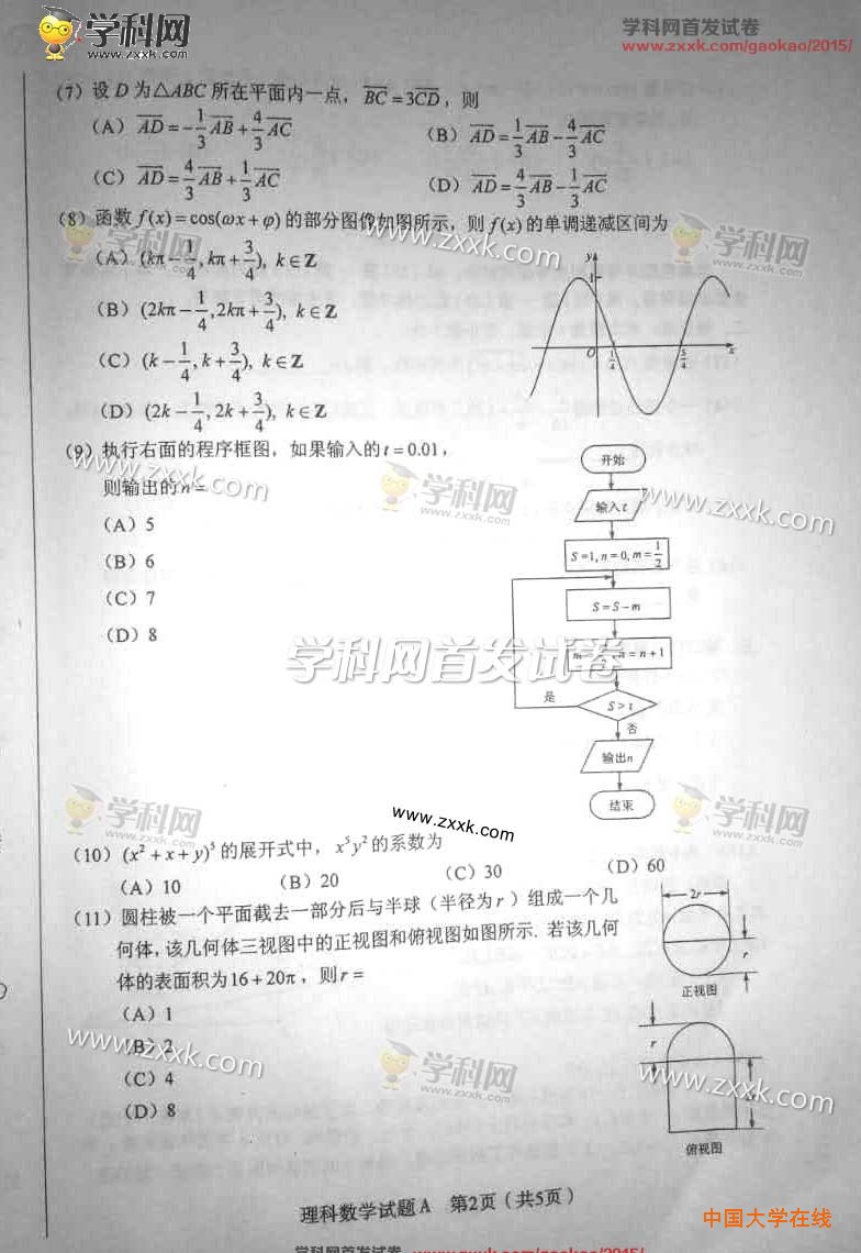2015年河南高考理科数学试题真题（图片版）