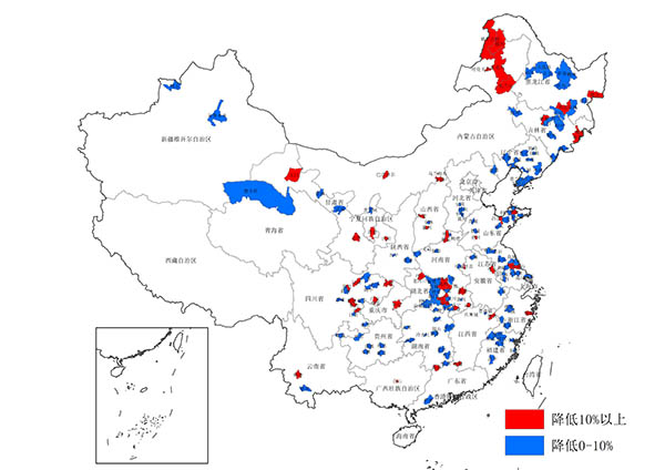 2000年-2010年，中国人口密度下降的地区