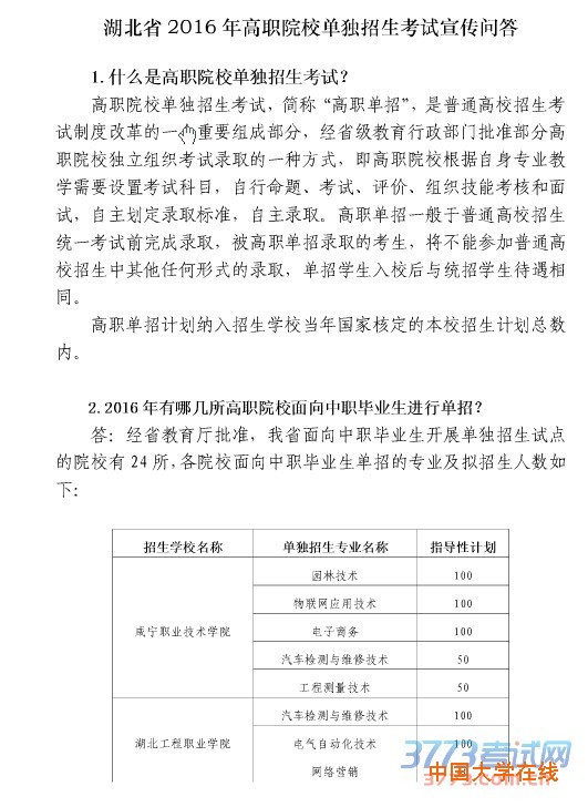 湖北省2016年高职院校单独招生考试宣传问答