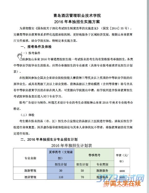 2016年我院单独招生工作实施方案