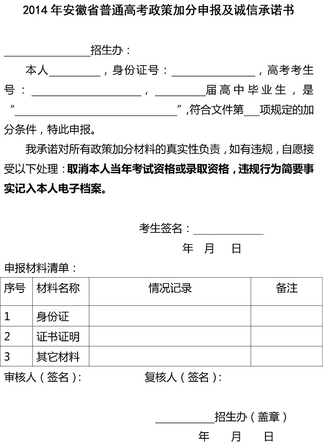 2014年安徽高考加分申报及诚信承诺书