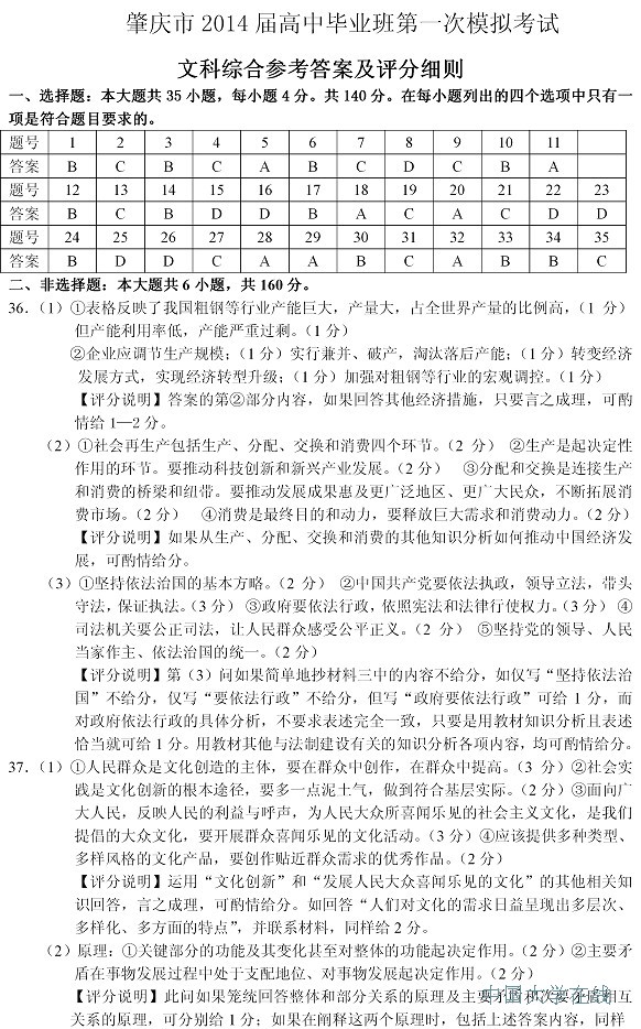 2014肇庆一模文综答案