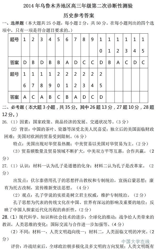 2014乌鲁木齐二模历史试题及答案