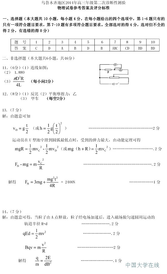 2014乌鲁木齐二模物理答案