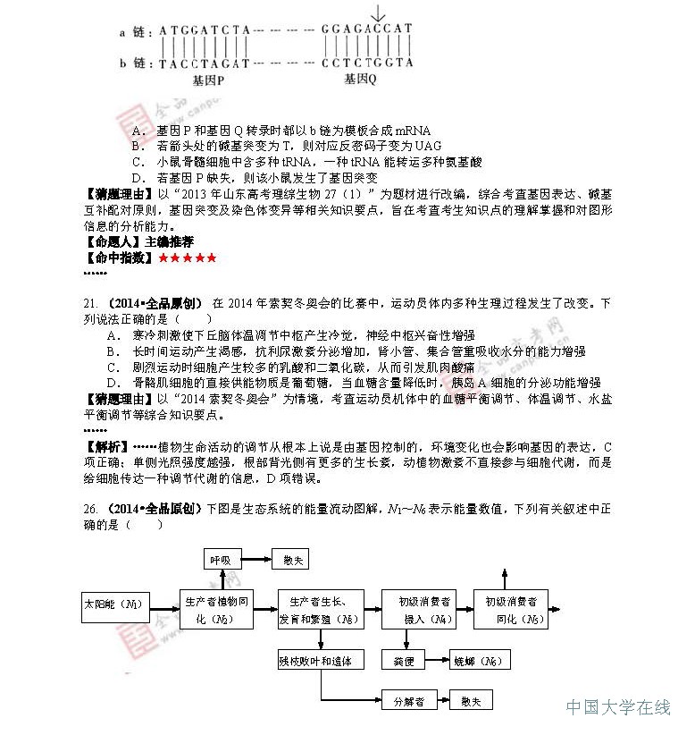 2014年高考生物预测：最有可能考的50道题