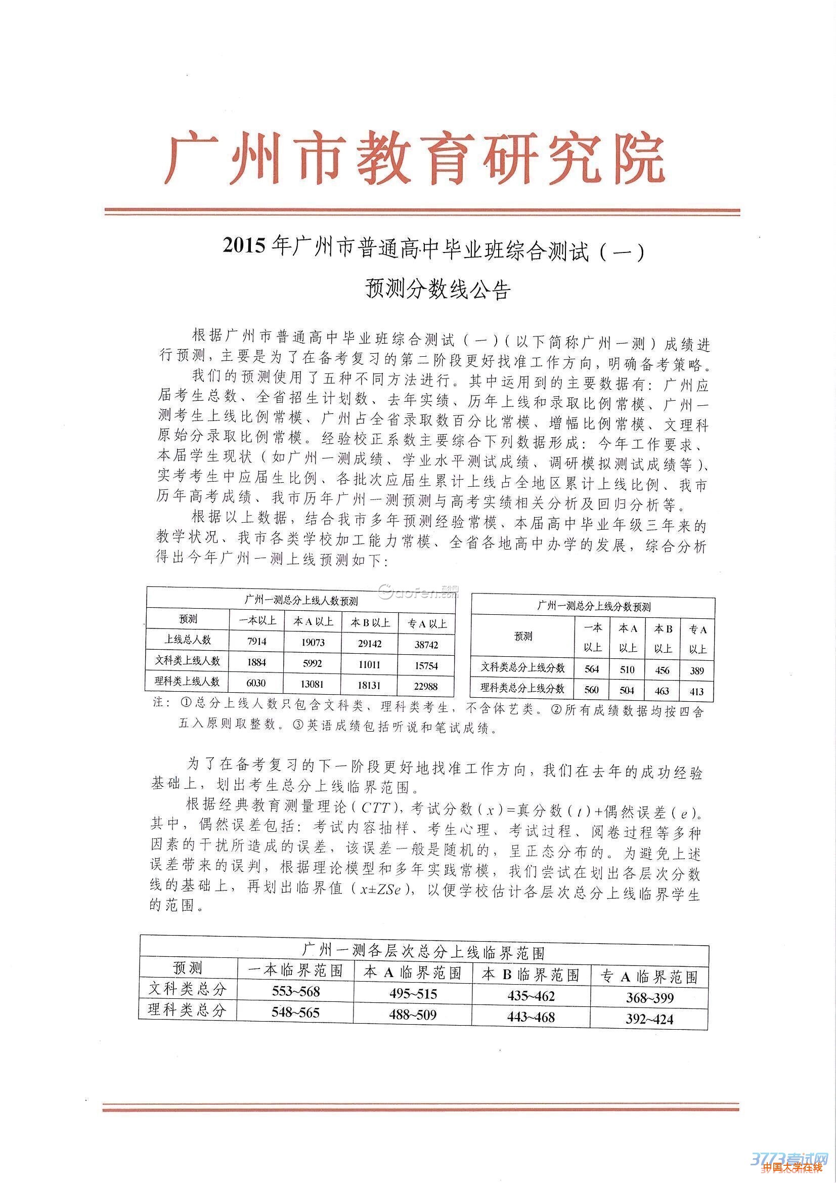 广州教研室发布2015年广州一模一本二本专科分数线