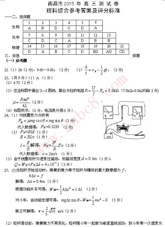 2015南昌二模理综答案 南昌市2015年高三测试卷理科综合试题答案