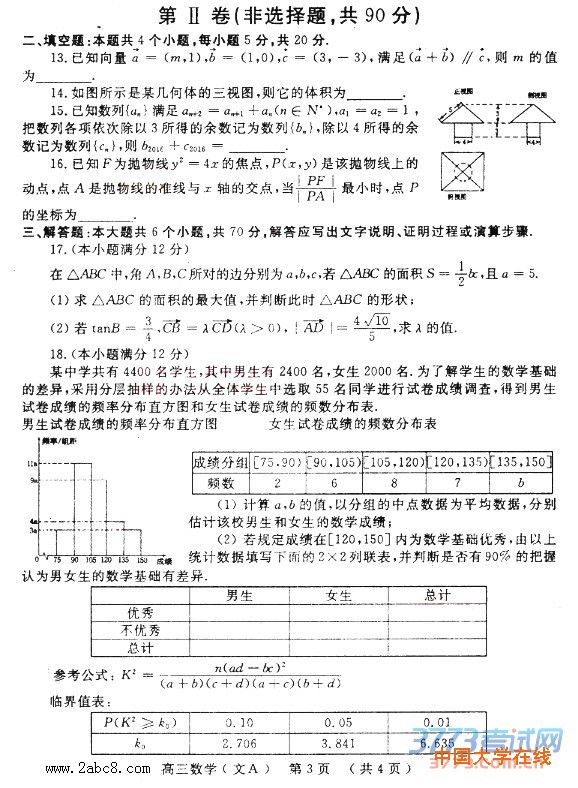 2016洛阳高三二练数学答案洛阳市2015-2016学年高三统一考试数学试卷文科