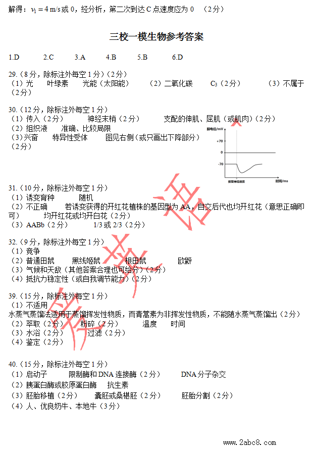 东北三省三校2016年高三第一次联合模拟考试理综试题及答案 图片