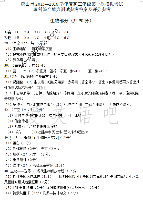 2016唐山一模理综答案唐山市2015—2016学年高三第一次模拟考试理综试题