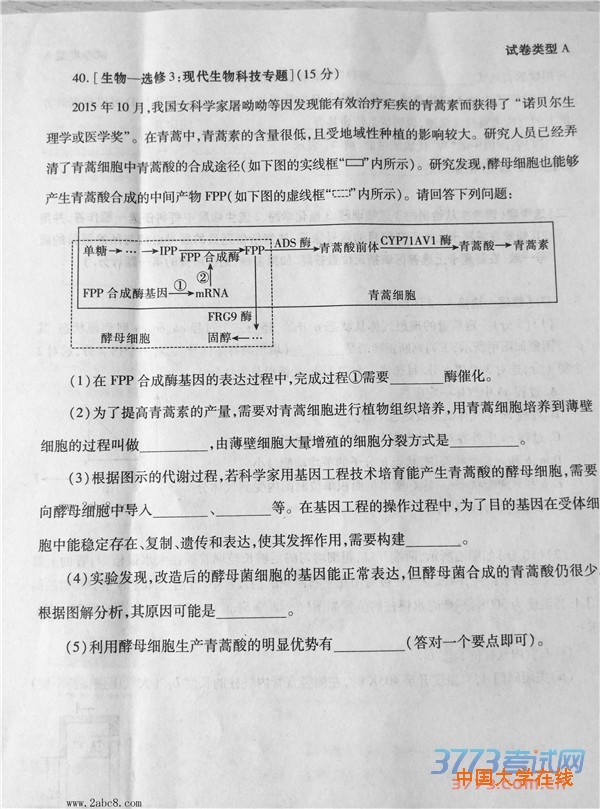 2016年3月湖北省七市州教科研协作体高三联合考试理综试题答案