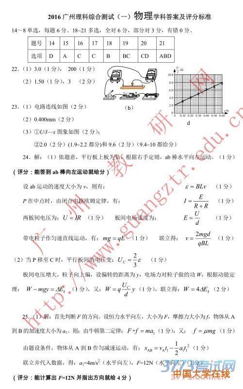 2016广州一模理综答案2016年广州市普通高中毕业班综合测试一理综试题答案