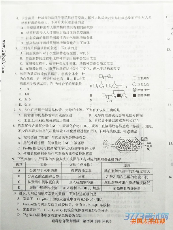 2016年3月龙岩市质检理综答案龙岩市2016年高中毕业班教学质量检查理综试题