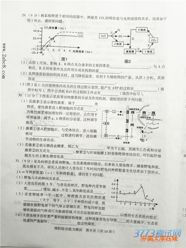 2016年3月龙岩市质检理综答案龙岩市2016年高中毕业班教学质量检查理综试题