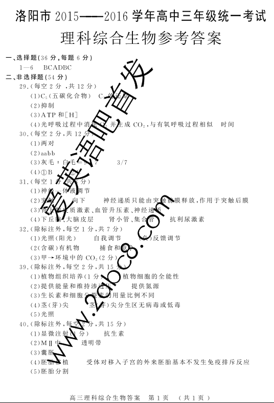 2016洛阳二练理综答案洛阳市2015-2016学年高三统一考试理综试题答案