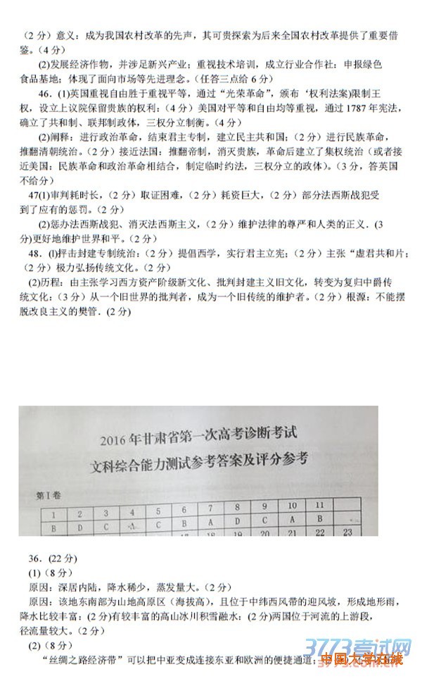 2016甘肃一诊文综答案2016年甘肃省第一次高考诊断考试文综试题答案