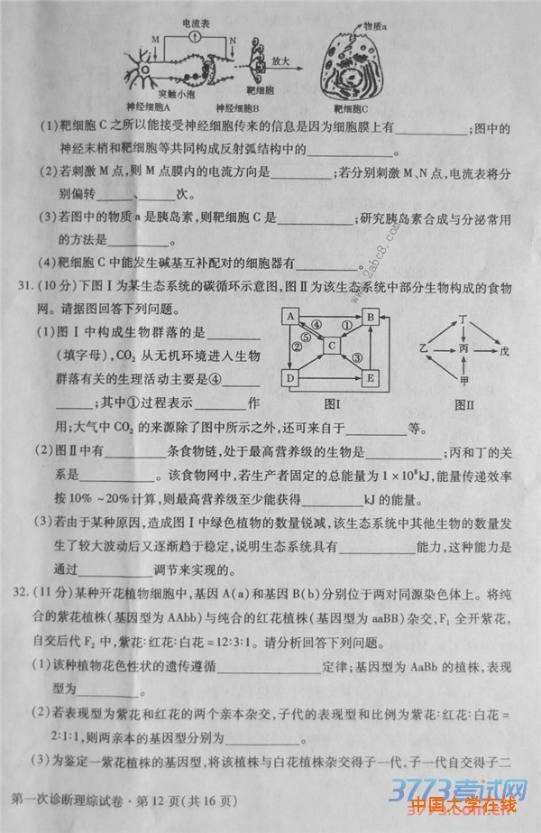 2016甘肃一模理综答案2016年甘肃省第一次高考诊断考试理综试题答案