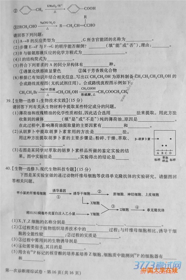 2016甘肃一模理综答案2016年甘肃省第一次高考诊断考试理综试题答案