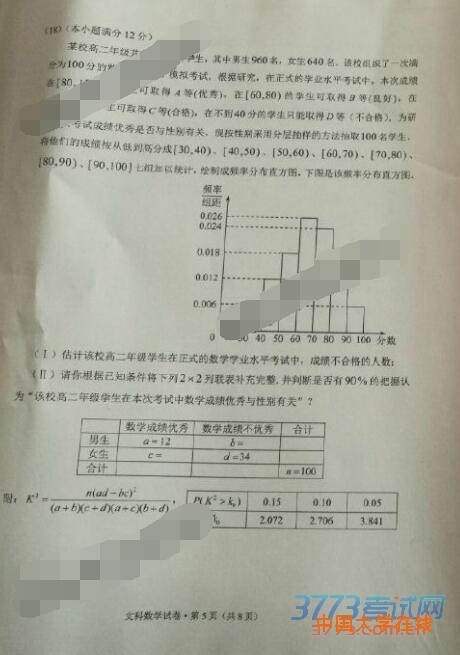 2016年3月云南省第一次高中毕业班复习统一检测文科数学试题答案