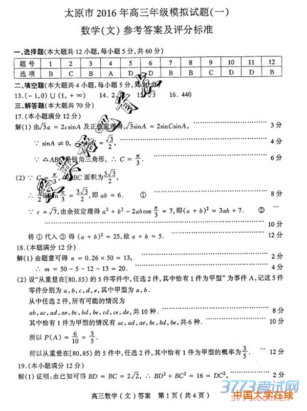 2016太原高三一模数学答案太原市2016年高三年级模拟试题一数学试题答案文科