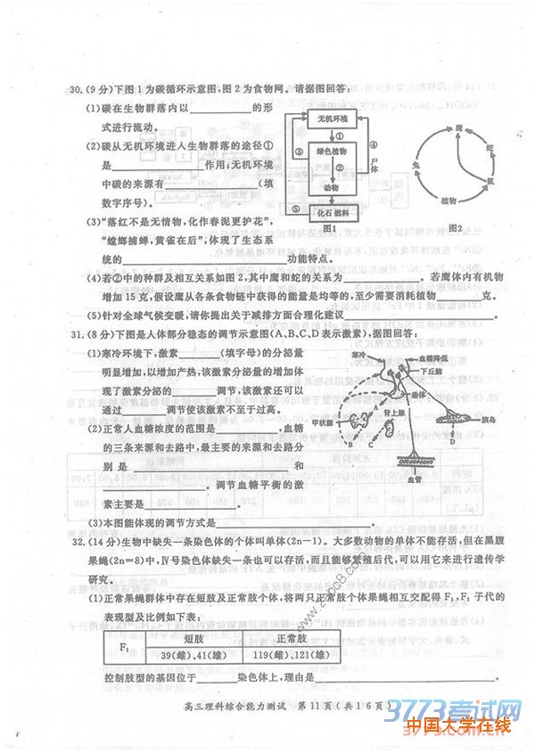 2016年3月河南六市联考理综答案2016年河南省六市高三第一次联考理综试题答案