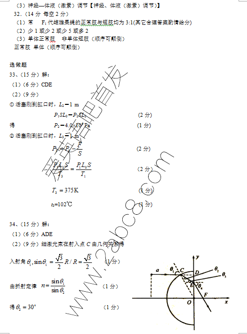 2016年3月河南六市联考理综答案2016年河南省六市高三第一次联考理综试题答案