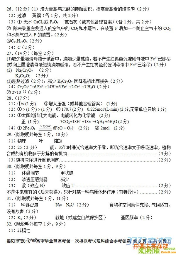 2016揭阳一模理综答案揭阳市2016年高中毕业班高考第一次模拟考试理综试题答案