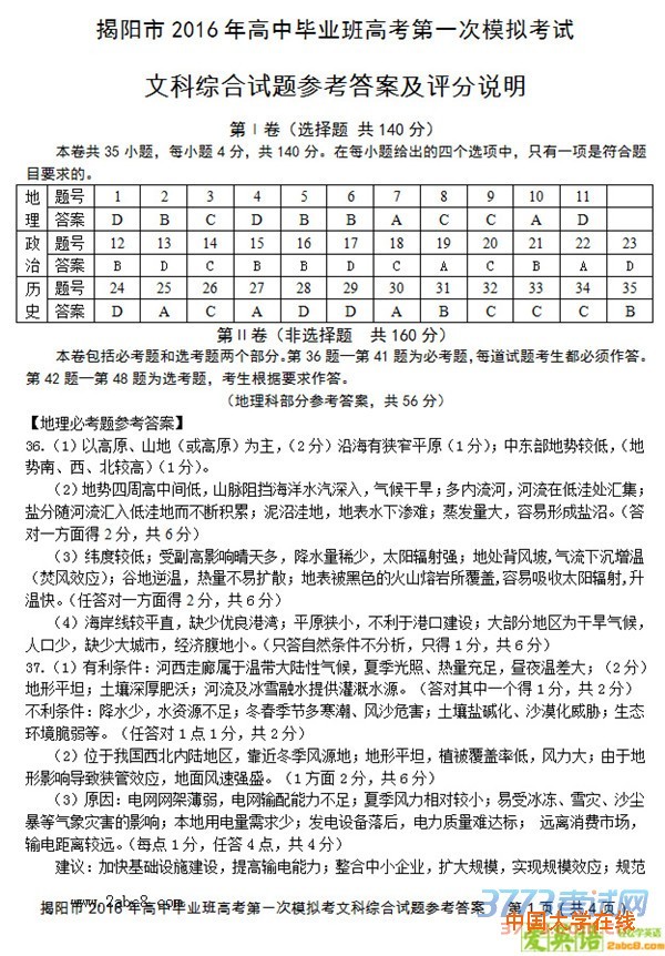 2016揭阳一模文综答案揭阳市2016年高中毕业班高考第一次模拟考试文综试题答案