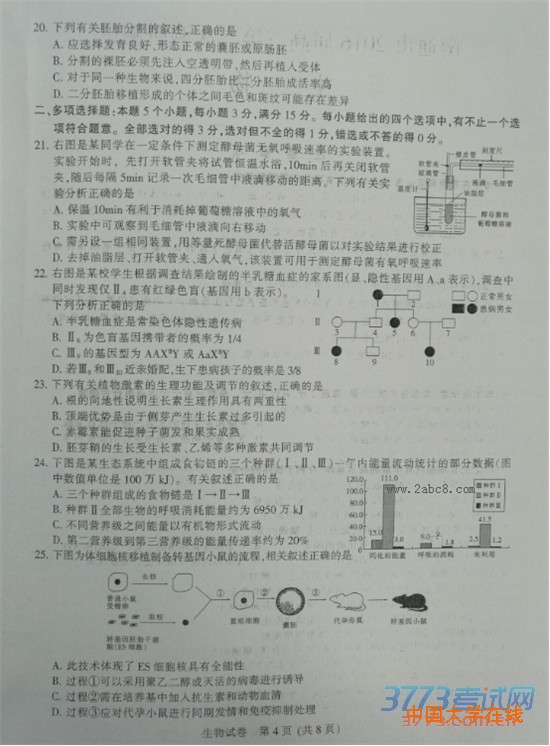 2016南通二模生物答案南通市2016届高三第二次调研测试生物试题答案