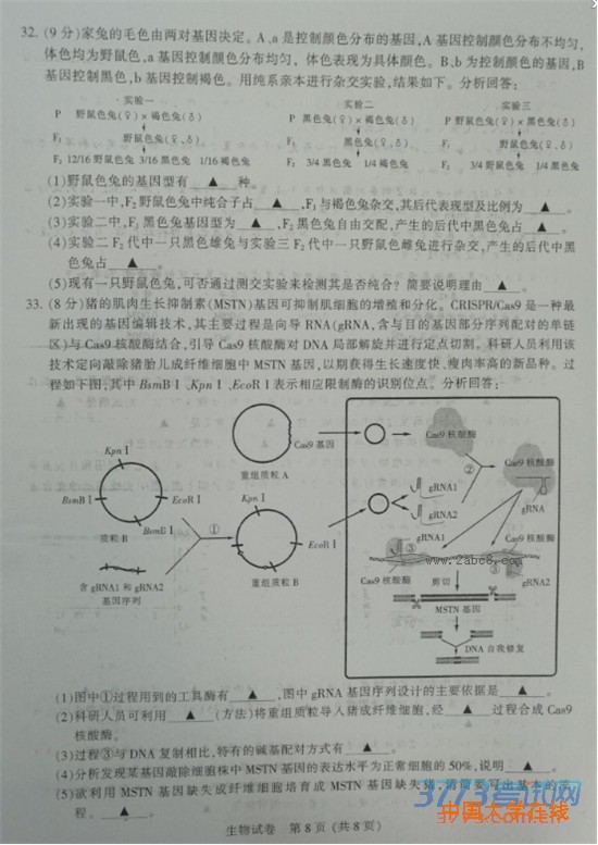 2016南通二模生物答案南通市2016届高三第二次调研测试生物试题答案