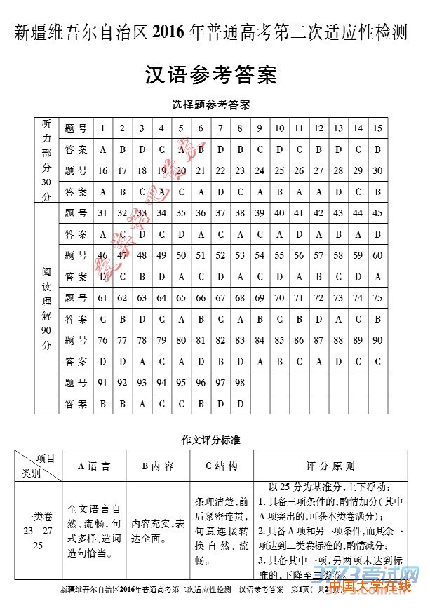 新疆维吾尔自治区2016年普通高考第二次适应性检测汉语试题答案