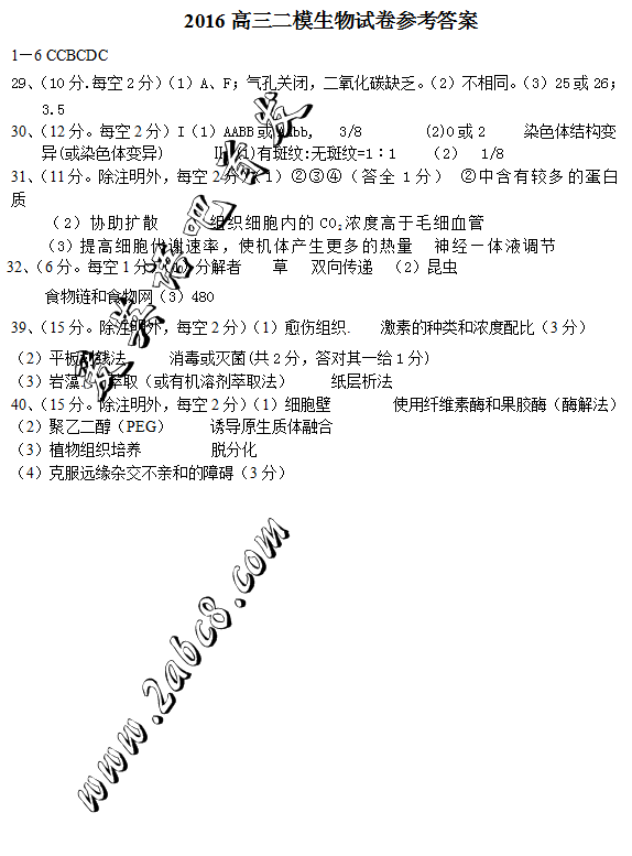 2016怀化二模理综答案怀化市2016上期高三二模考试理综试题答案