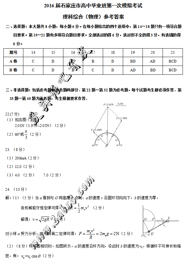 2016石家庄一模理综答案2016届石家庄市高中毕业班第一次模拟考试理综试题答案
