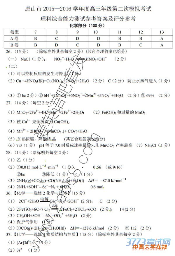 2016唐山二模理综唐山市2015-2016学年度高三年级第二次模拟考试理综试卷