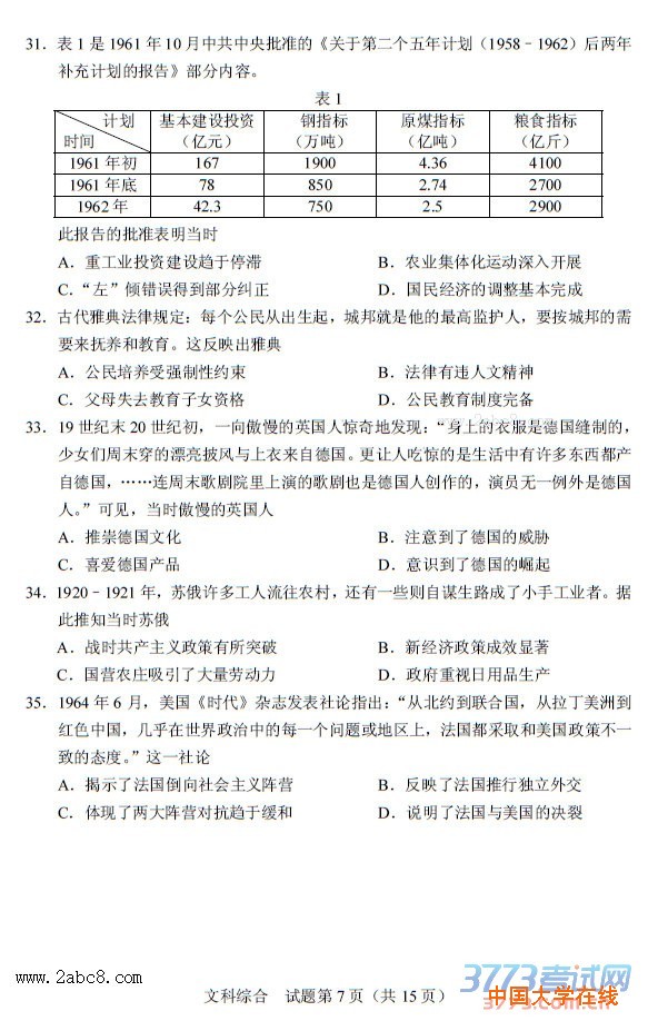 四川省2016年普通高考适应性测试文综试题及答案