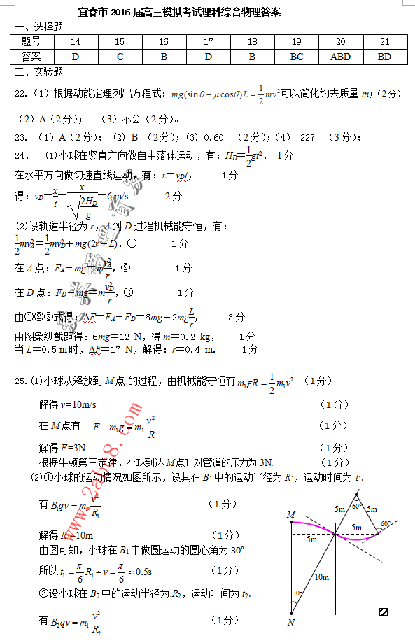 2016年4月宜春市2016届高三模拟考试理综试题答案