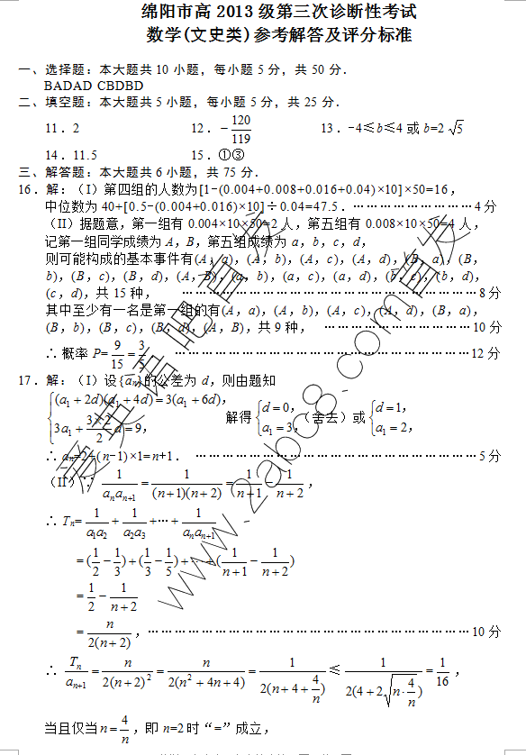 2016绵阳高三三诊数学答案绵阳市高中2013级第三次诊断性考试文科数学试题