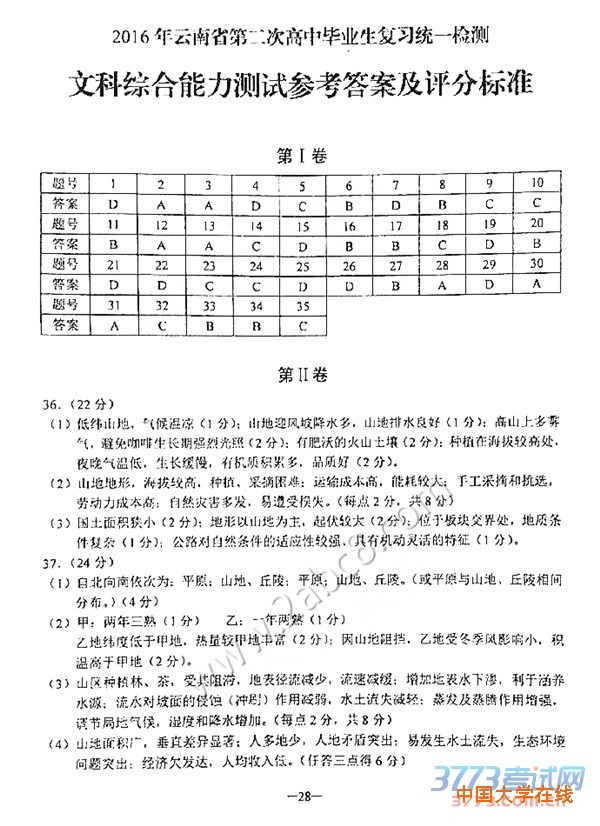 2016云南省二模文综答案2016年云南省第二次高中毕业生复习统一检测文科综合试题答案