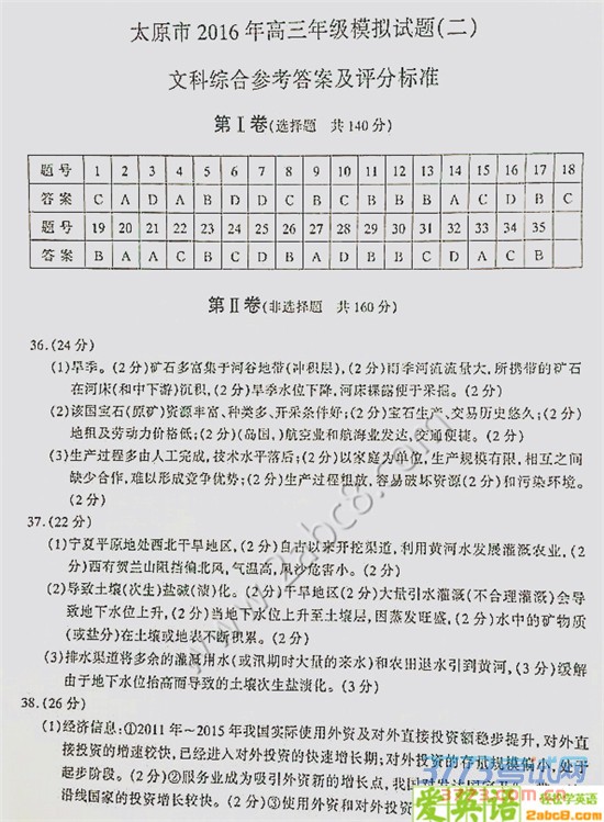 1461319118550621.jpg 2016太原二模文综答案太原市2016年高三年级模拟试题二文科综合试题答案